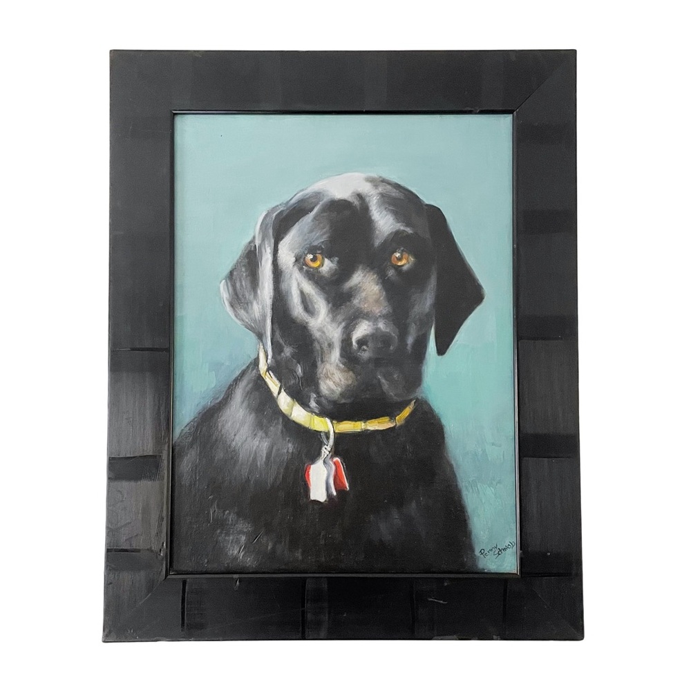 Painting black lab by Penny Schwab acrylic on board wood frame Baltimore